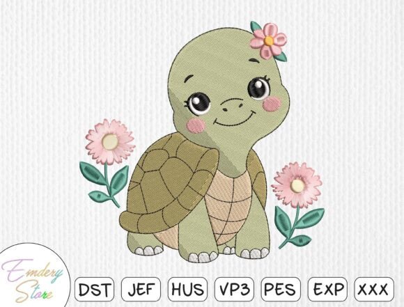 Download Cute Turtle with Flowers Embroidery File - Premium Resources