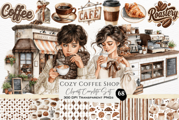 Download Cozy Coffee Shop Watercolor Clipart Set - Coffee Collection